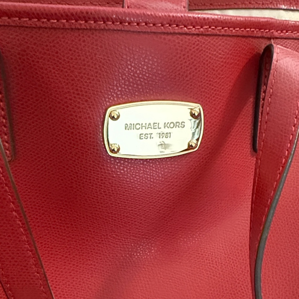 Michael Kora Red Leather Tote Bag with Gold Plaque - Picture 2 of 4